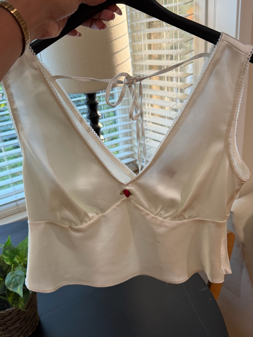 wild fable Ivory Satin Lace-Trim Camisole with Rose Accent
